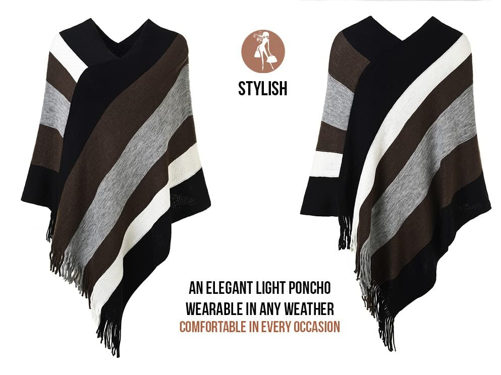 Women's Casual Striped Poncho Sweater Versatile Fringe Shawl Wrap for Fall Winter