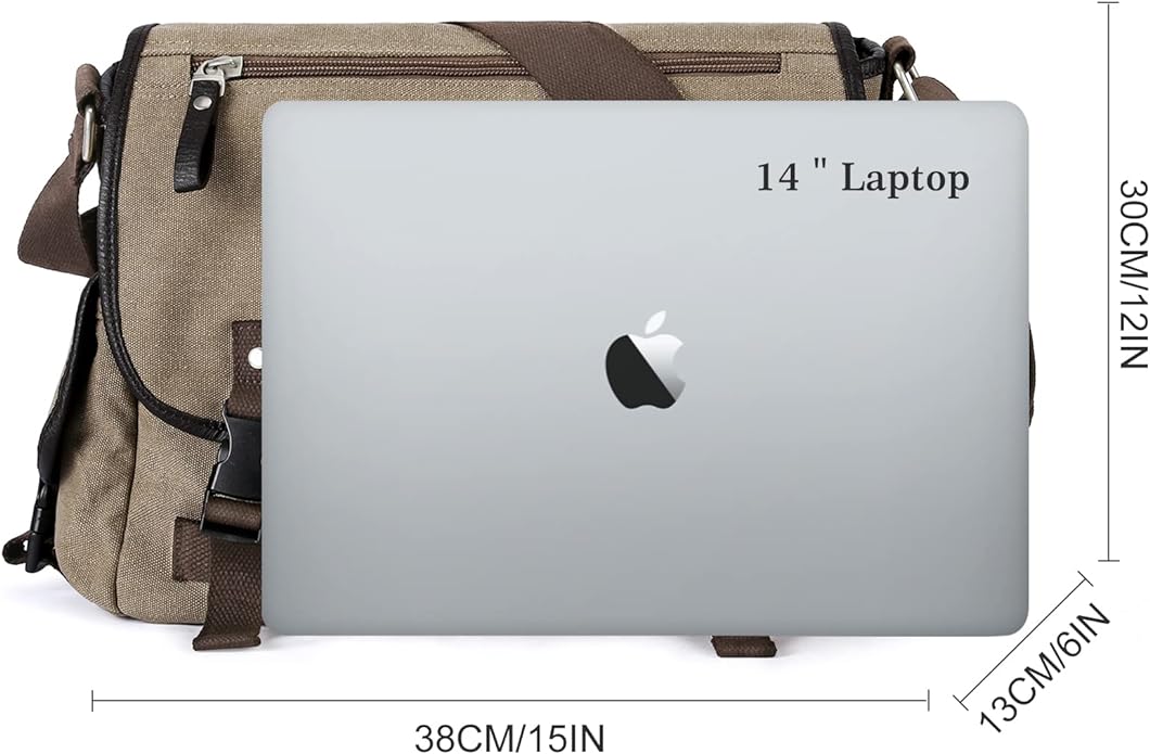 Men's Canvas Messenger Bag -  14-Inch Laptop shoulder bag with Multiple Pockets, Khaki