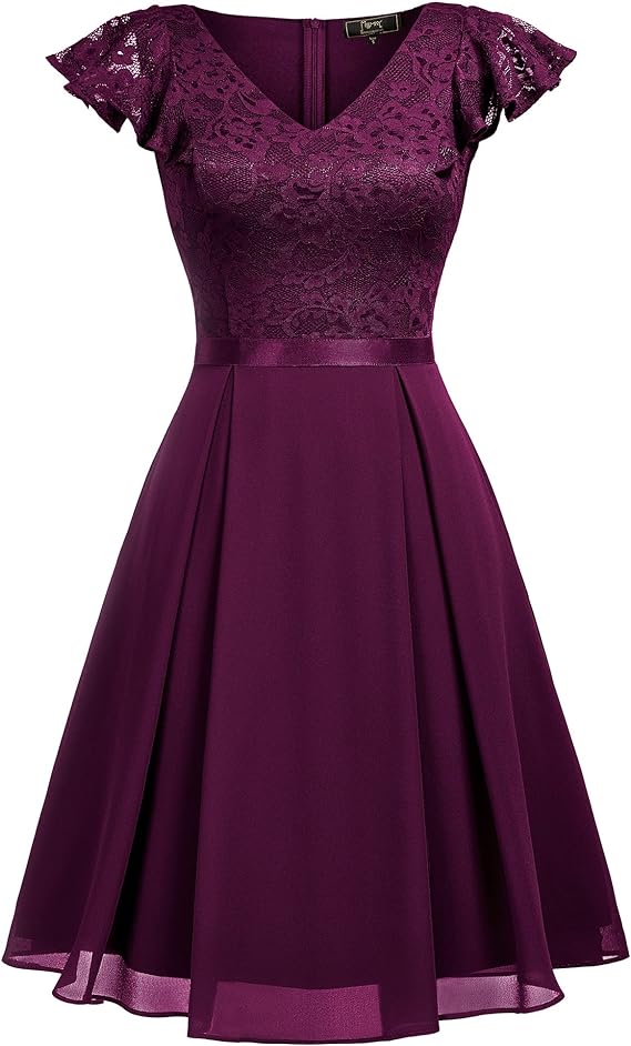 Burgundy, Women's V-Neck Short Flutter Sleeves Party Cocktail Flared Swing Dress, Large