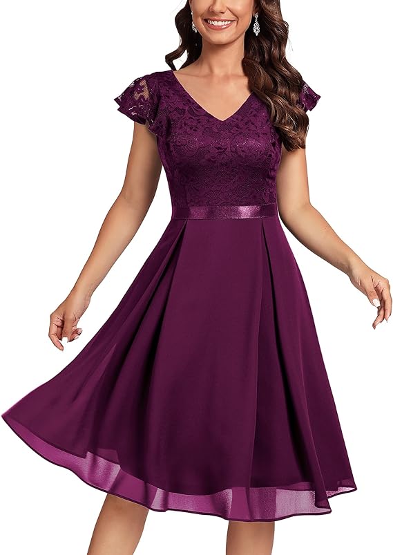 Burgundy, Women's V-Neck Short Flutter Sleeves Party Cocktail Flared Swing Dress, Large
