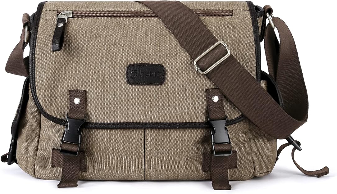 Men's Canvas Messenger Bag -  14-Inch Laptop shoulder bag with Multiple Pockets, Khaki