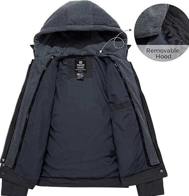 Black Men's Casual Cotton Jacket Outdoor Windproof Jacket, removable hood, Large