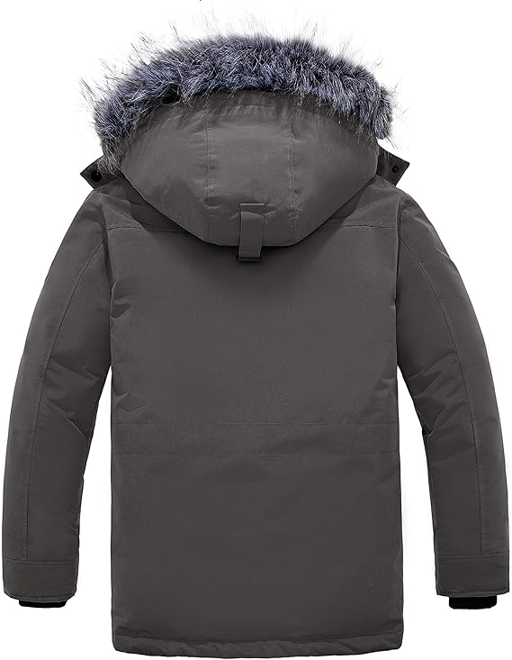 Grey  Parka Jacket Mid Length Outerwear Coat with Faux Fur, XL