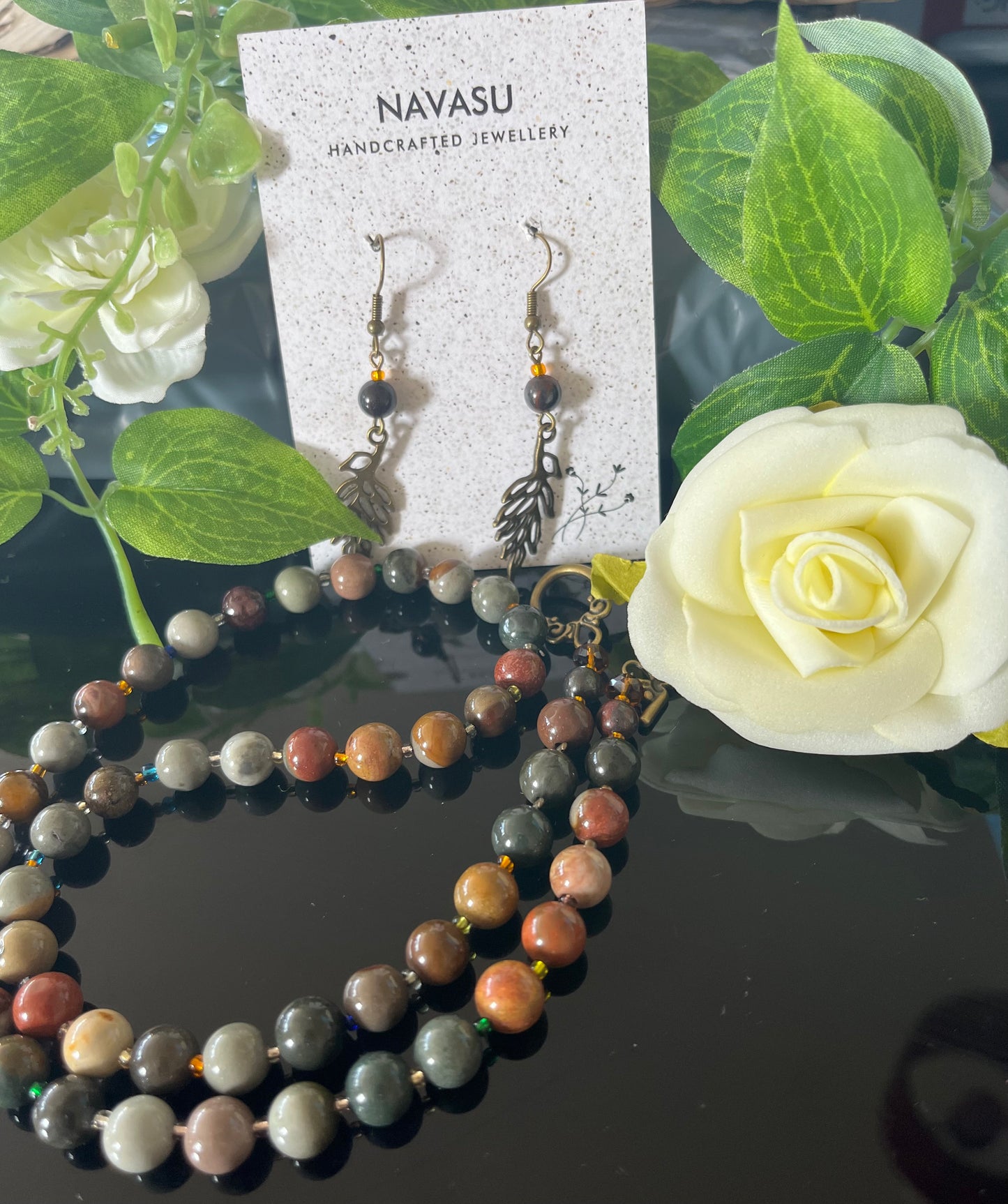 Ocean Jasper Power/Protection Bead Necklace and earring set , Healing, joy inspiration/Gemstone Necklace, low mood solution necklace, Handmade