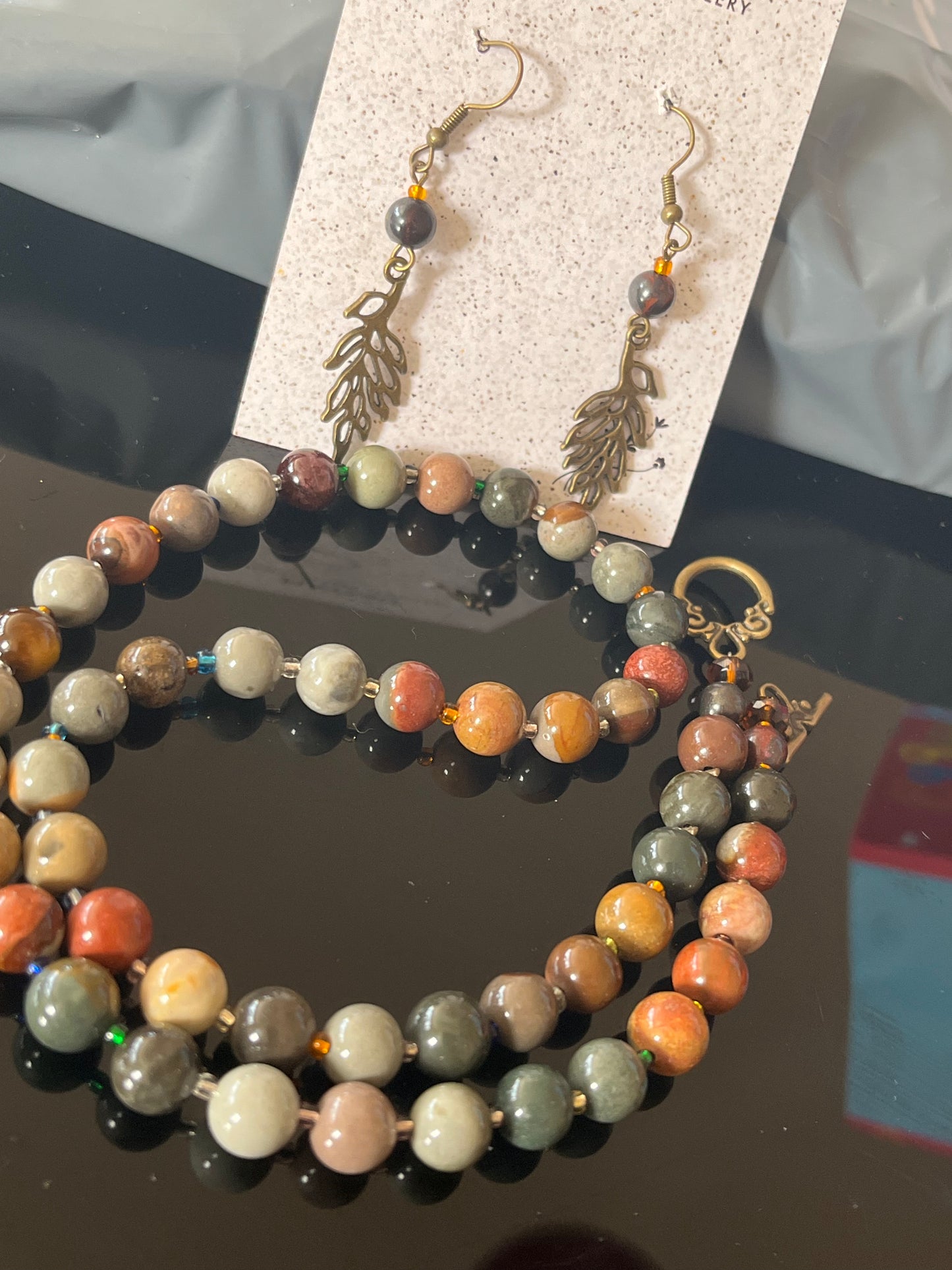 Ocean Jasper Power/Protection Bead Necklace and earring set , Healing, joy inspiration/Gemstone Necklace, low mood solution necklace, Handmade