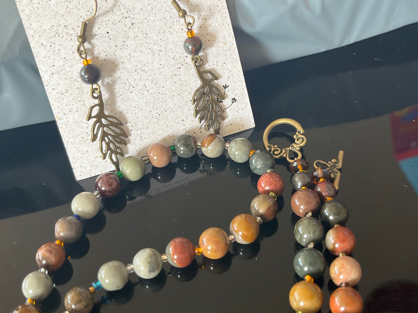 Ocean Jasper Power/Protection Bead Necklace and earring set , Healing, joy inspiration/Gemstone Necklace, low mood solution necklace, Handmade