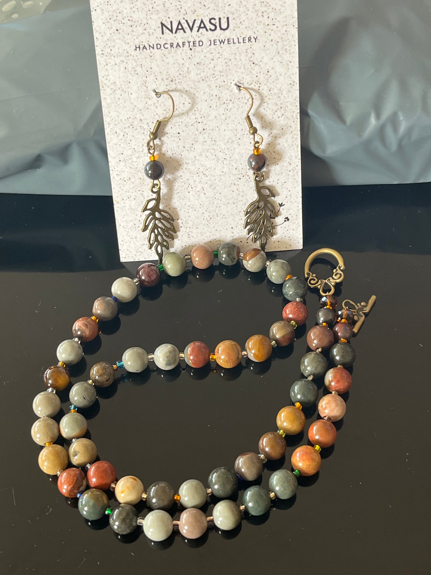 Ocean Jasper Power/Protection Bead Necklace and earring set , Healing, joy inspiration/Gemstone Necklace, low mood solution necklace, Handmade