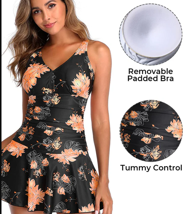 Women's One Piece Swimdress Plus Size Swimsuit black floral , size 4XL