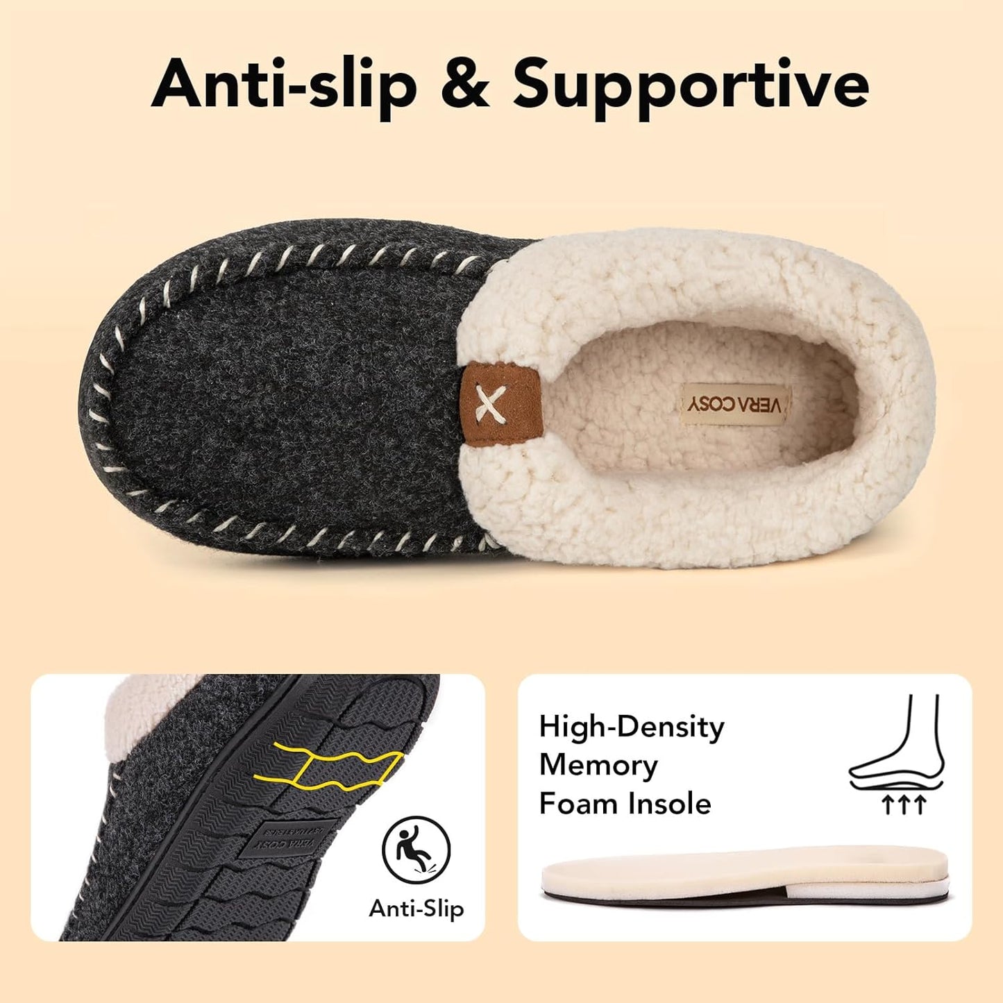 Women's Wool Felt Hi-Top Memory Foam Moccasin Slippers  Fleece Lining Black, size 7