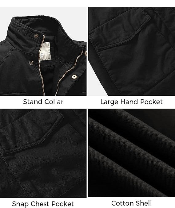 Men's Casual black Wenven Jacket  Warm Jackets Cotton Leisure Jacket Military Stand Collar style