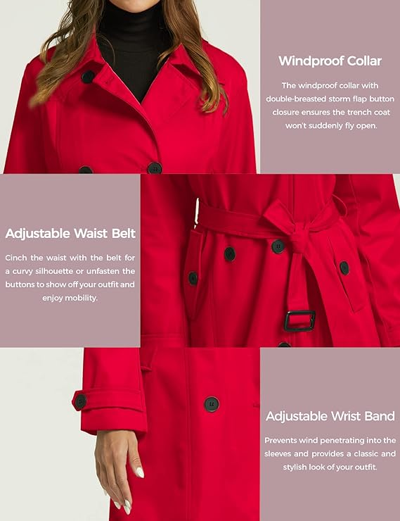 Women's red trench coat, double -breasted trench coat, Large