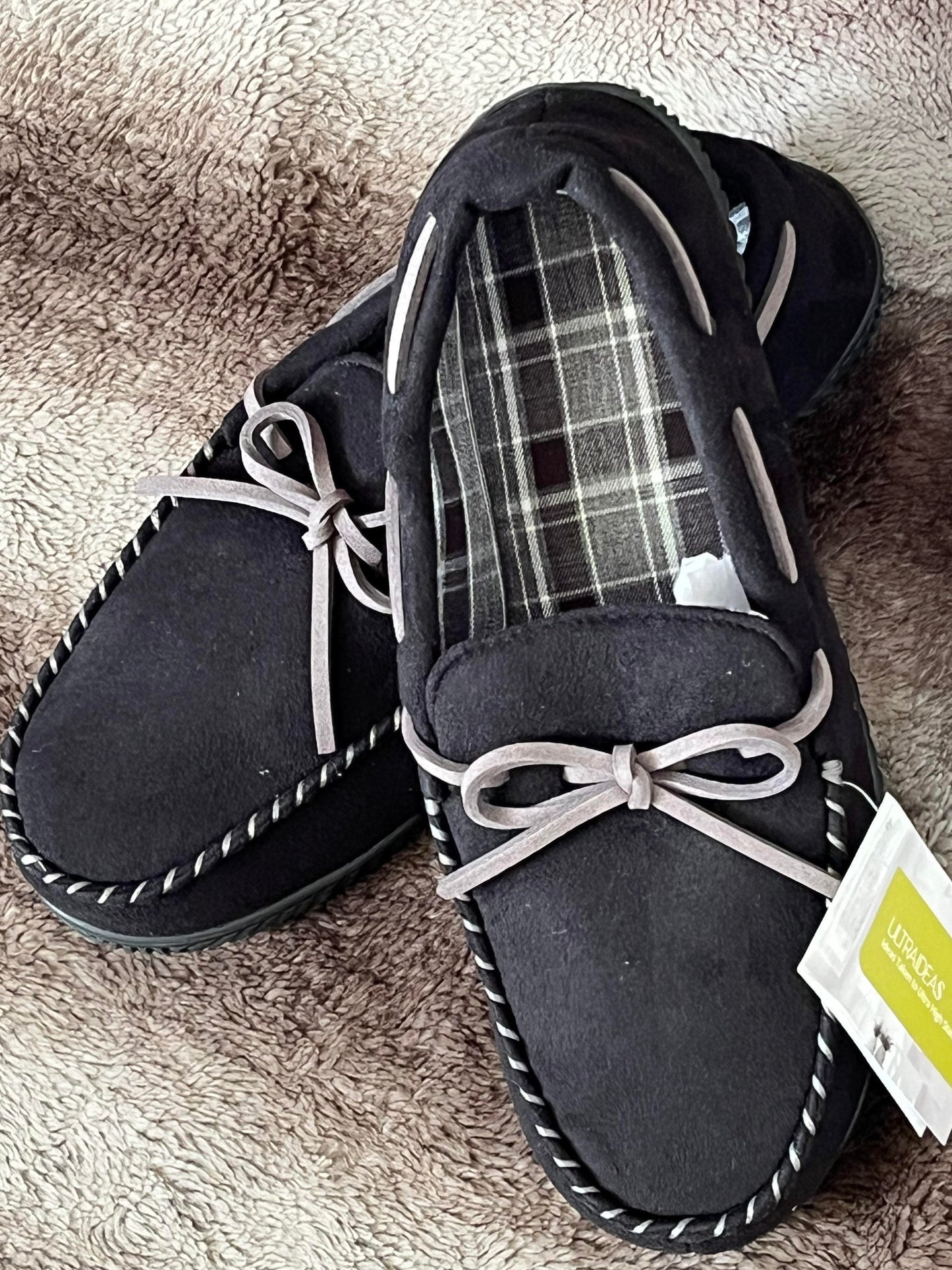 Men's size 12 Moccasin Slippers, Slip on Indoor - Outdoor House Shoes, Black , size 12