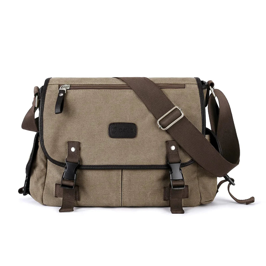 Men's Canvas Messenger Bag -  14-Inch Laptop shoulder bag with Multiple Pockets, Khaki