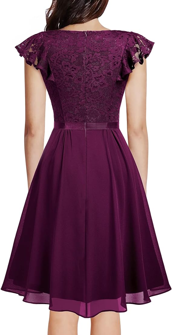 Burgundy, Women's V-Neck Short Flutter Sleeves Party Cocktail Flared Swing Dress, Large