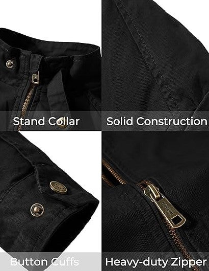 Men's Casual Cotton Jacket,  Lightweight Windbreaker WenVen Jacket Stand Collar Jacket Z Military Jacket, black , medium