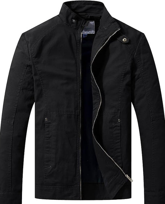 Men's Casual Cotton Jacket,  Lightweight Windbreaker WenVen Jacket Stand Collar Jacket Z Military Jacket, black , medium
