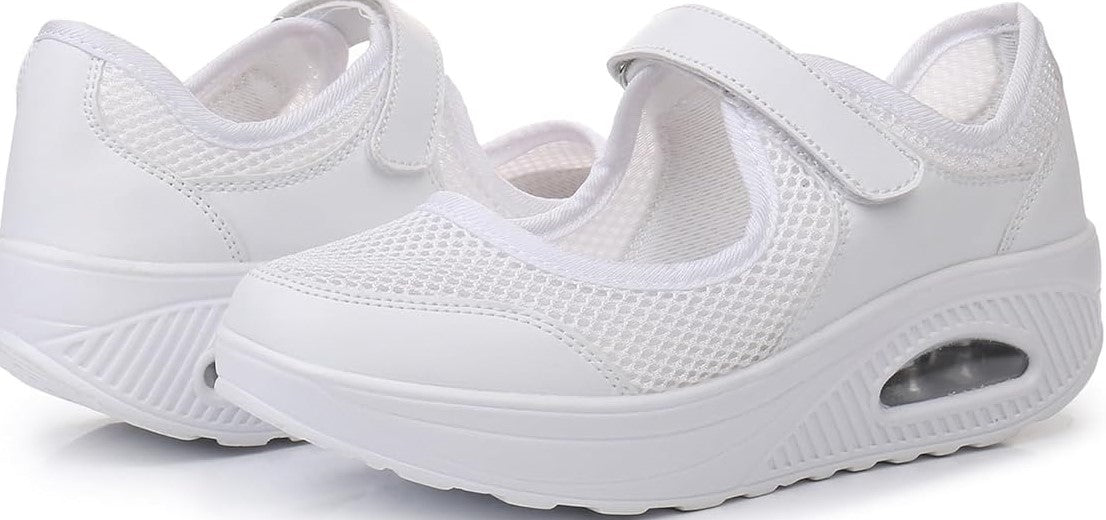 Ladies Casual Walking Shoes Adjustable Strap with Hook and Loop Closure, white comfortable Sneakers Air Cushion, Grey slippers, size 4
