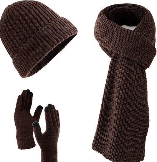 Winter Scarf Beanie Gloves Set for Women and Men with Gift Bag, Coffee