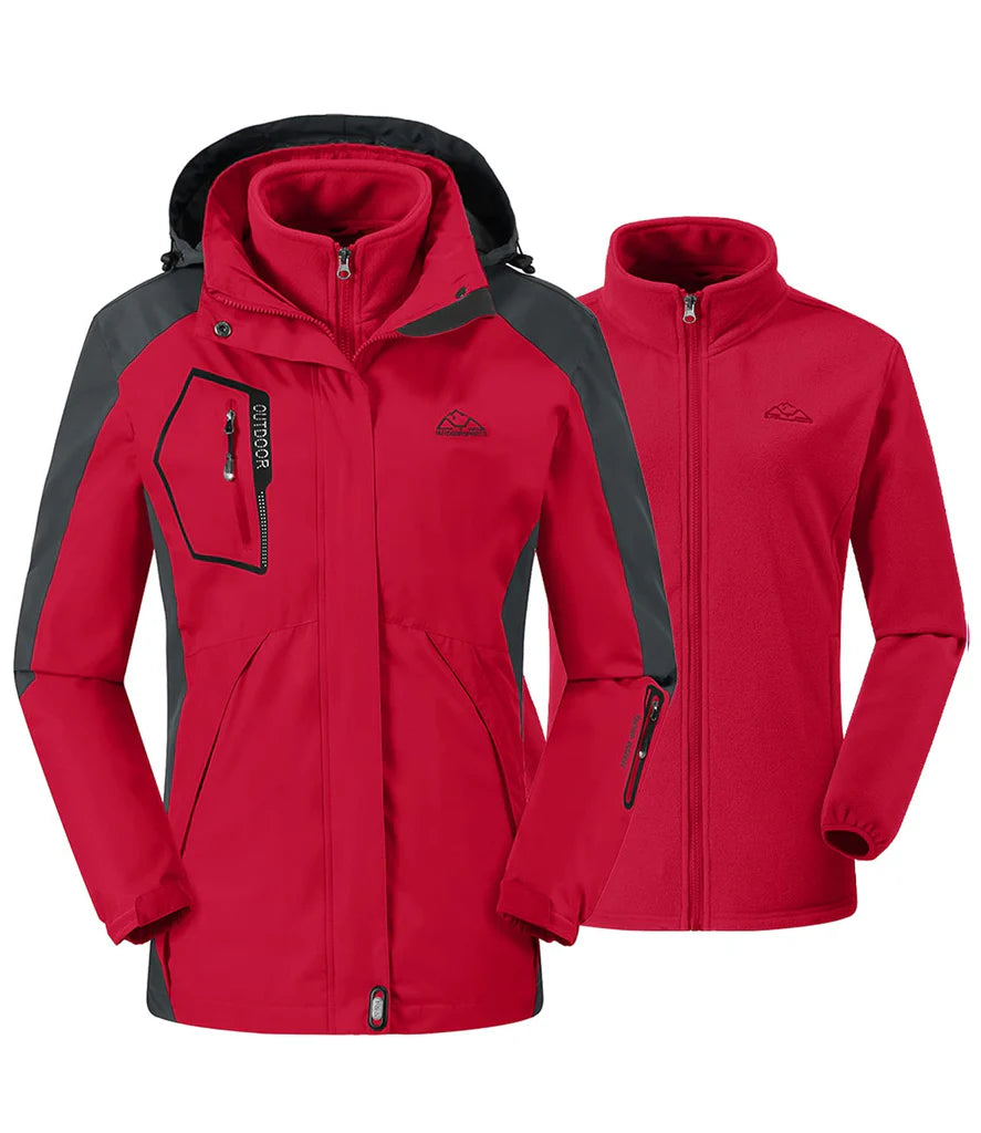 Women's 3 In 1 Red Jacket, Fleece Ski Jacket Softshell Winter Waterproof Full Zip Windproof Coat