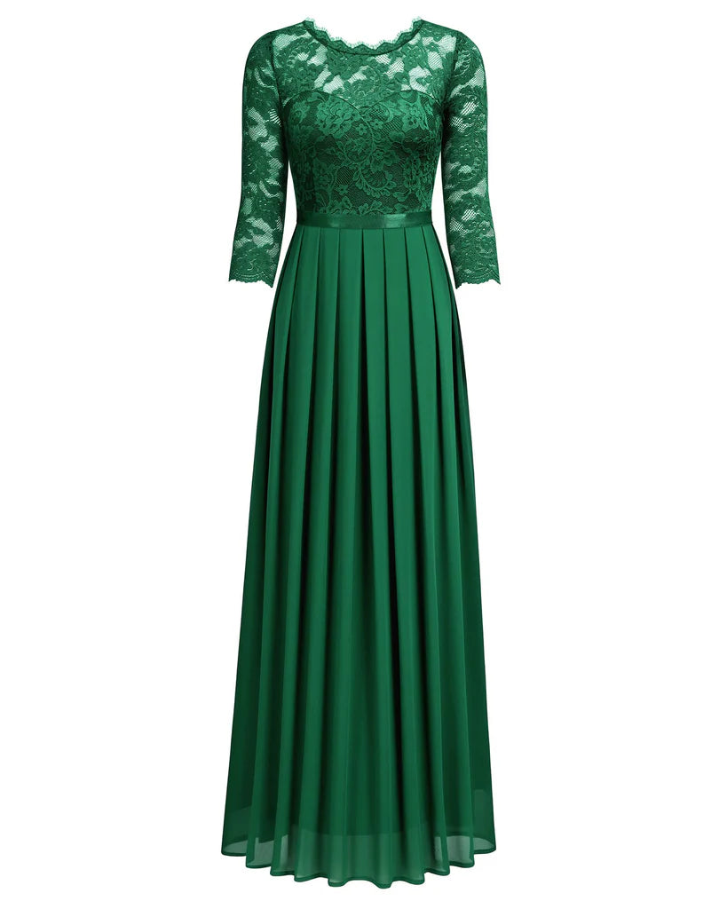 Women's Vintage Green Floral Lace 3/4 Sleeve  Maxi Dress, XL