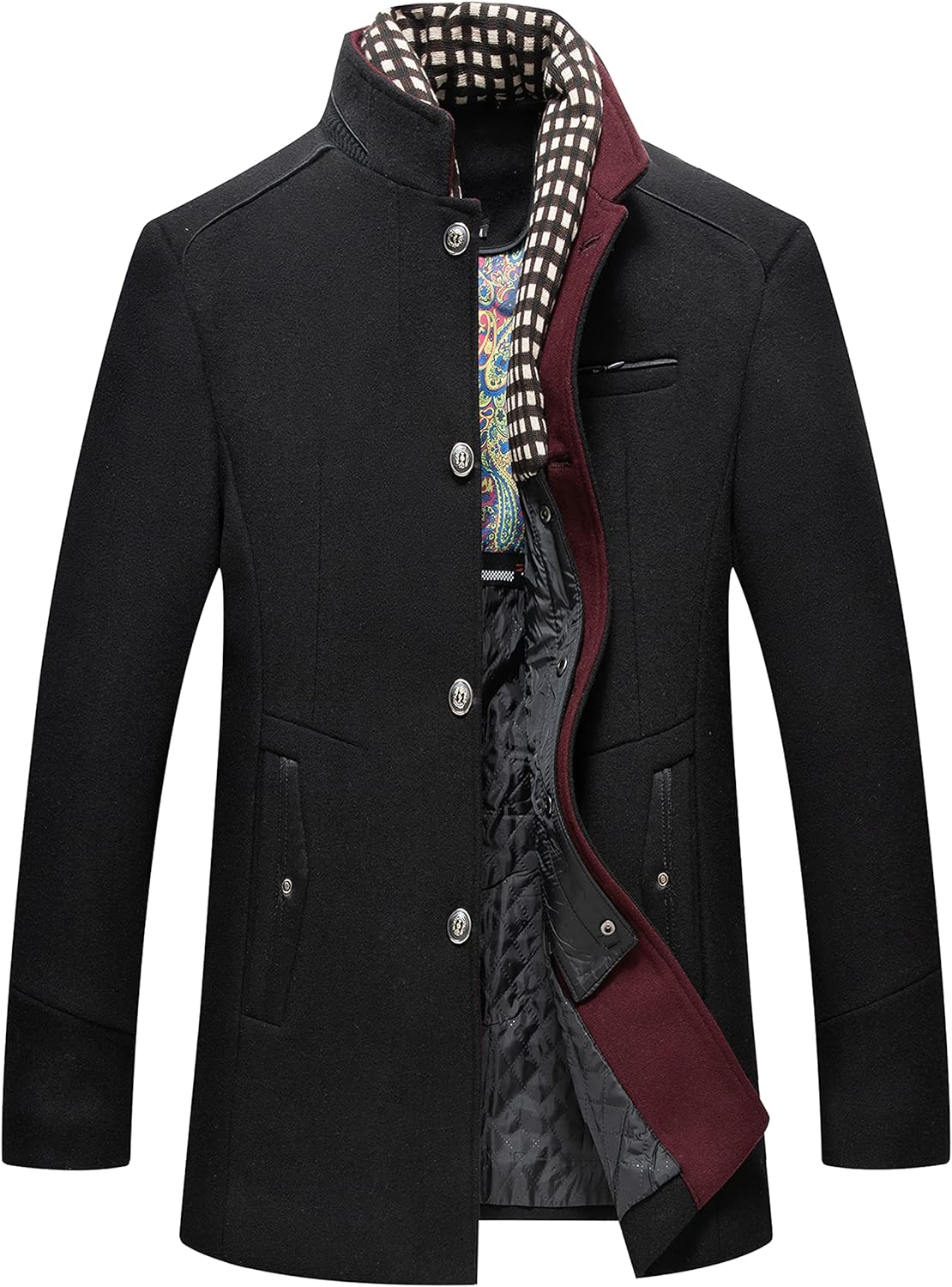 Men's Winter Wool warm coat, Casual Overcoat Outwear Business Trench Jacket with Scarf  Black L