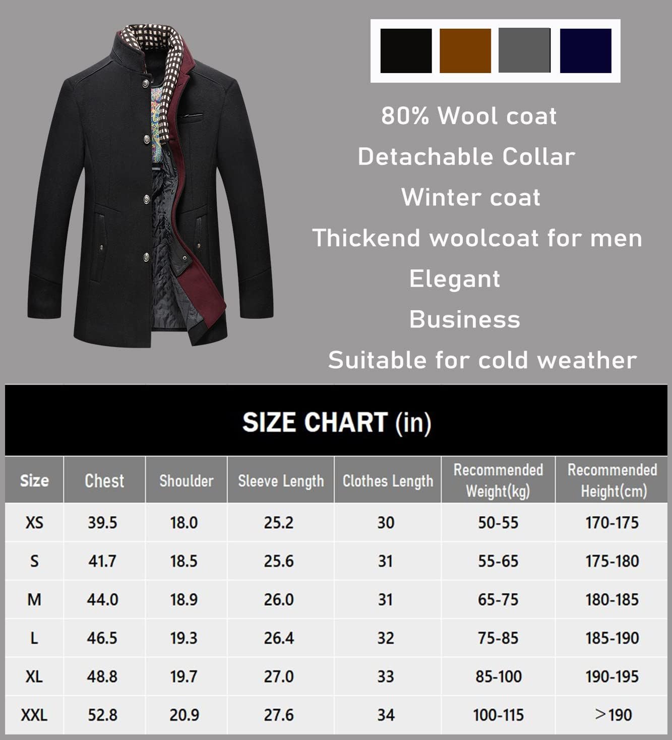 Men's Winter Wool warm coat, Casual Overcoat Outwear Business Trench Jacket with Scarf  Black L