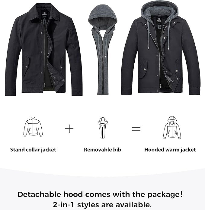 Black Men's Casual Cotton Jacket Outdoor Windproof Jacket, removable hood, Large