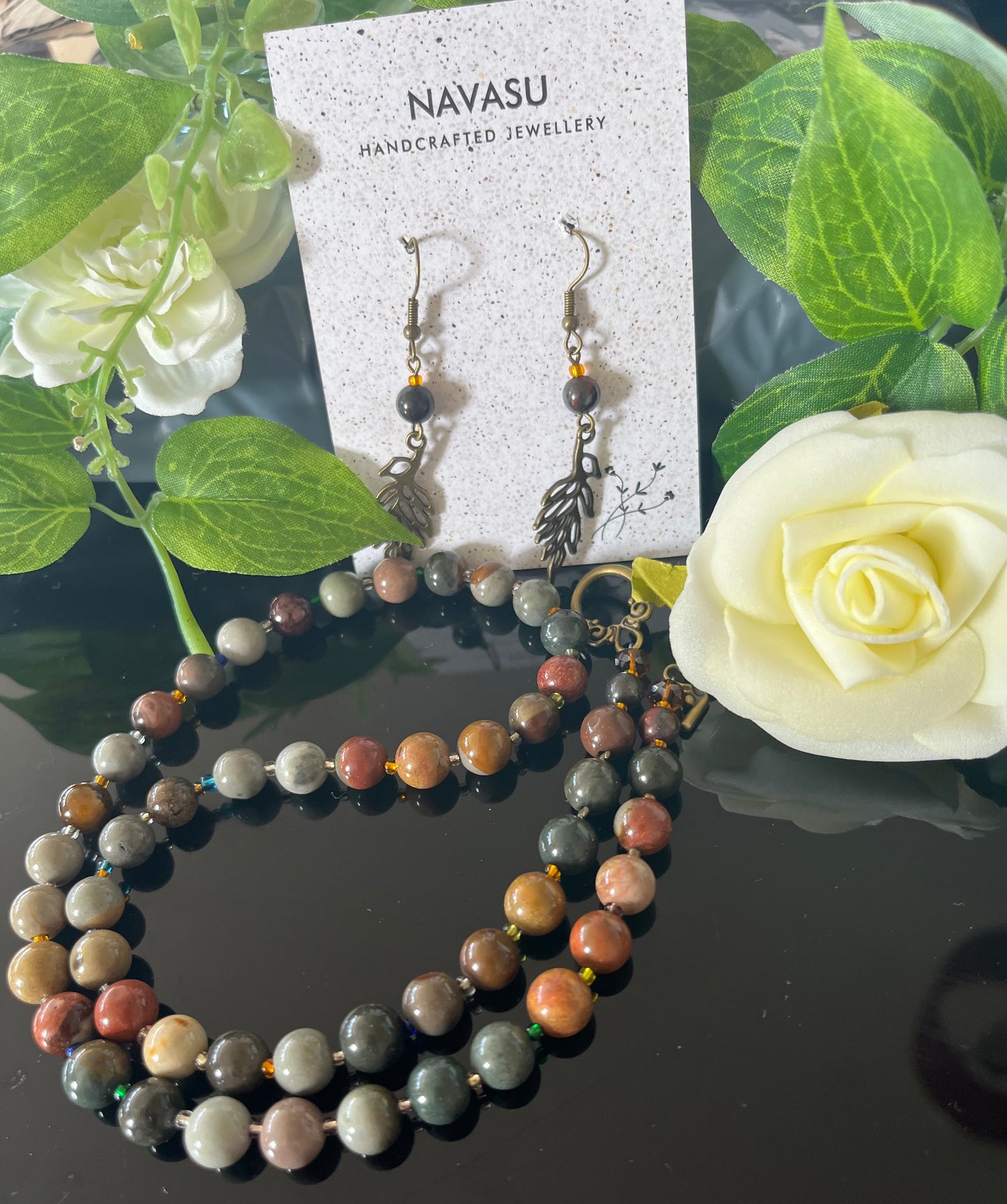 Ocean Jasper Power/Protection Bead Necklace and earring set , Healing, joy inspiration/Gemstone Necklace, low mood solution necklace, Handmade