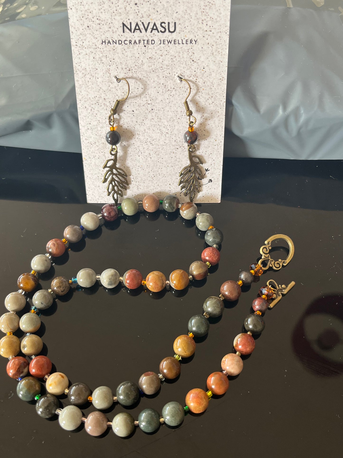 Ocean Jasper Power/Protection Bead Necklace and earring set , Healing, joy inspiration/Gemstone Necklace, low mood solution necklace, Handmade