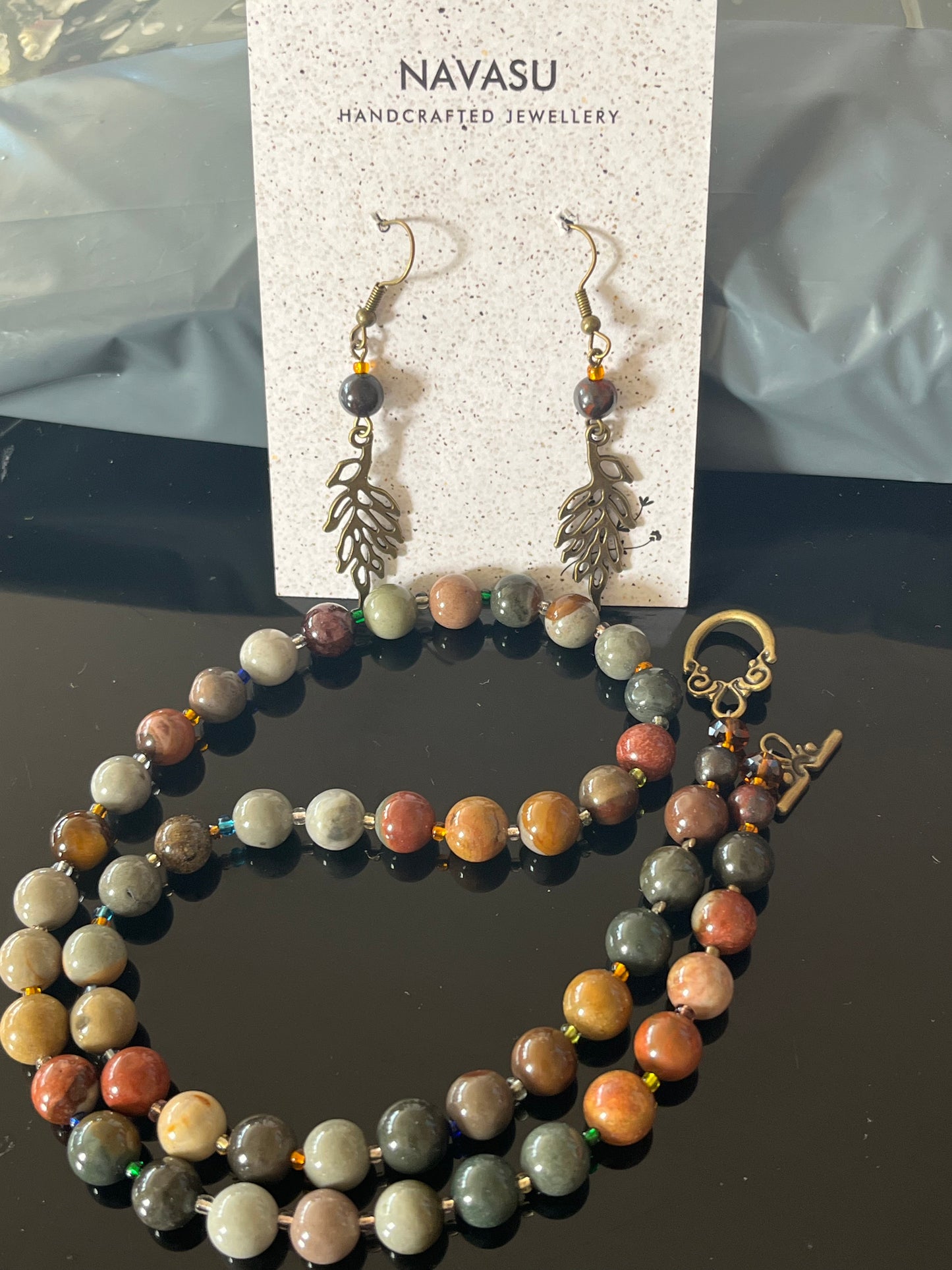 Ocean Jasper Power/Protection Bead Necklace and earring set , Healing, joy inspiration/Gemstone Necklace, low mood solution necklace, Handmade