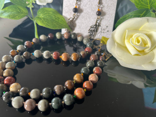 Ocean Jasper Power/Protection Bead Necklace and earring set , Healing, joy inspiration/Gemstone Necklace, low mood solution necklace, Handmade