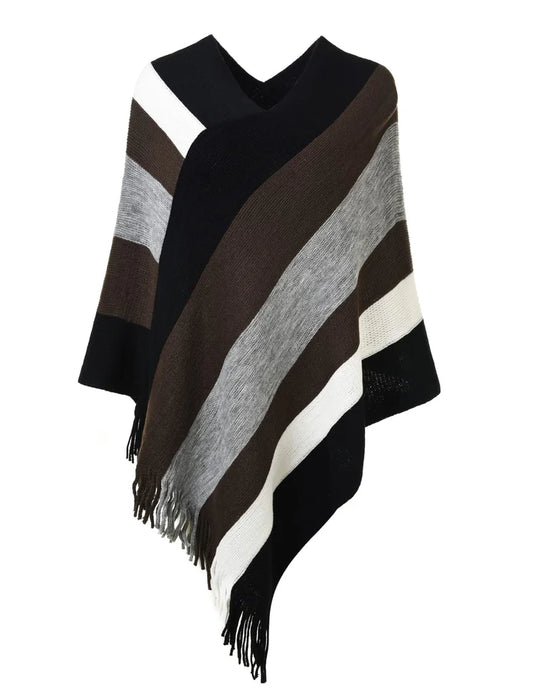 Women's Casual Striped Poncho Sweater Versatile Fringe Shawl Wrap for Fall Winter