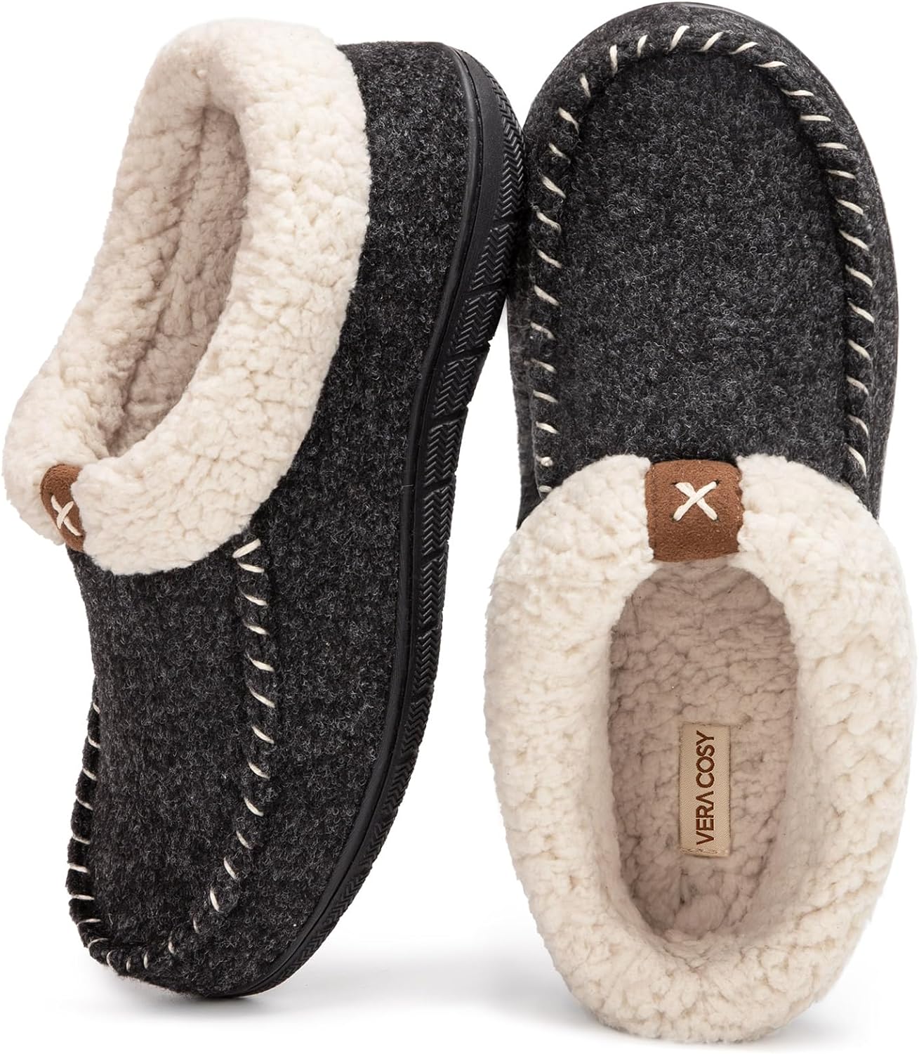 Women's Wool Felt Hi-Top Memory Foam Moccasin Slippers  Fleece Lining Black, size 7