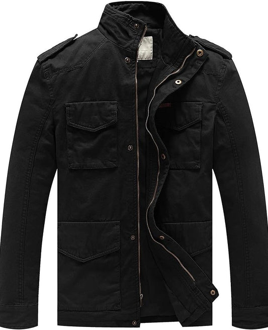 Men's Casual black Wenven Jacket  Warm Jackets Cotton Leisure Jacket Military Stand Collar style