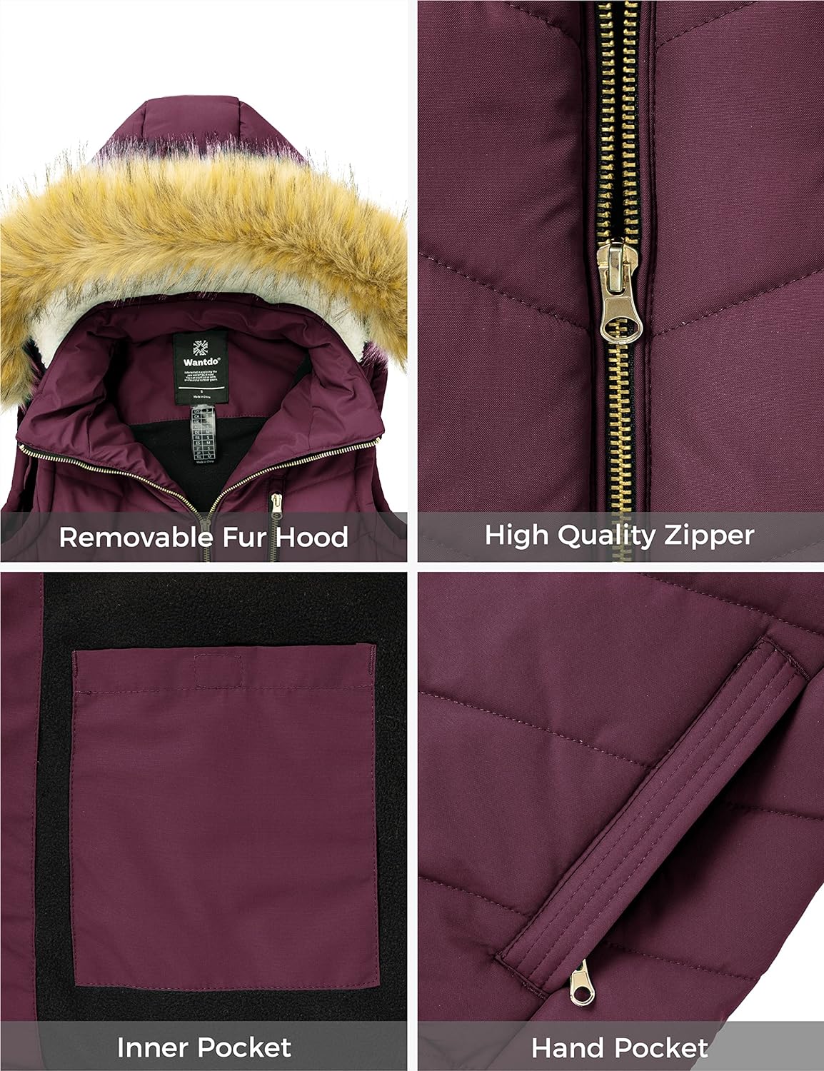 Maroon Body Warmer, fully lined Gilet with Removable hood, Wine Red,Medium