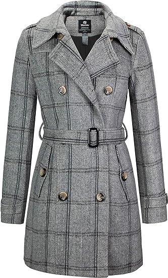 Double Breasted Warm Coat Blend Pea Coat Belted Slim Fit, Small