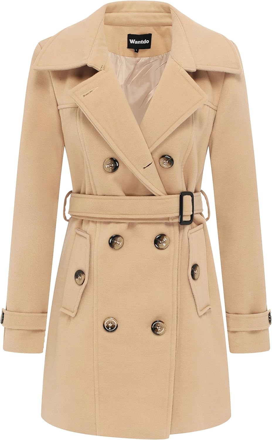 Women's Double Breasted Warm Coat Blend Pea Coat Winter Mid-Length , Khaki, Large