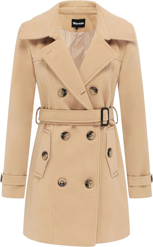 Women's Double Breasted Warm Coat Blend Pea Coat Winter Mid-Length , Khaki, Large