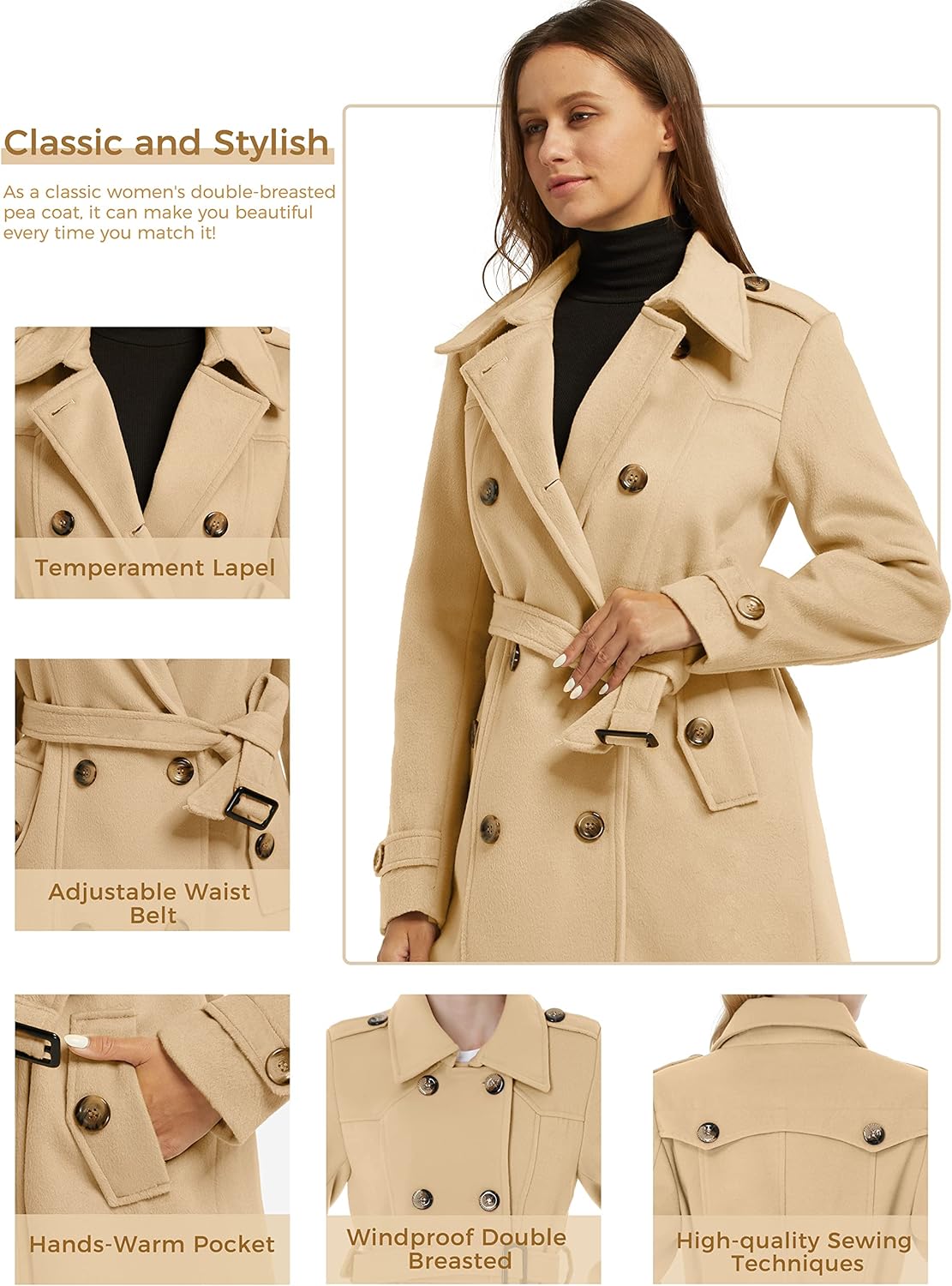 Women's Double Breasted Warm Coat Blend Pea Coat Winter Mid-Length , Khaki, Large