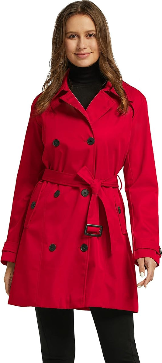 Women's red trench coat, double -breasted trench coat, Large