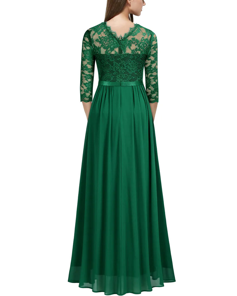 Women's Vintage Green Floral Lace 3/4 Sleeve  Maxi Dress, XL