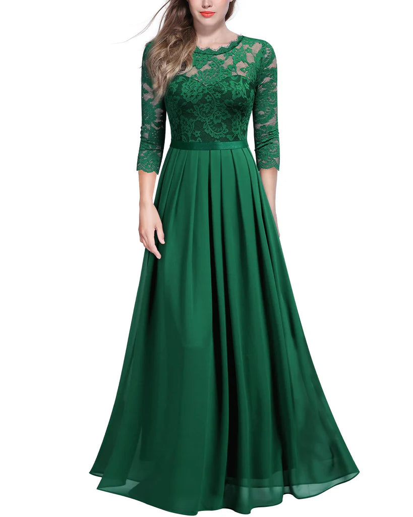 Women's Vintage Green Floral Lace 3/4 Sleeve  Maxi Dress, XL