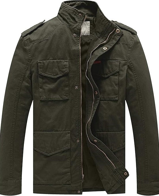 Men's Casual Jacket Classic Warm WenVen Jacket Cotton Leisure Jacket Military Stand Collar , army-green, Medium,