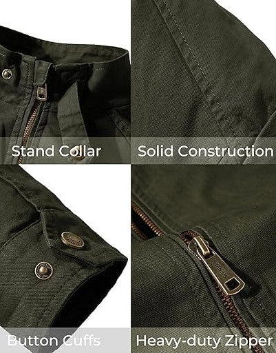 Men's Casual Cotton Jacket Outdoor Lightweight Windbreaker Jacket Stand Collar WenVen windbreaker Military Jacket, army green, MEDIUM