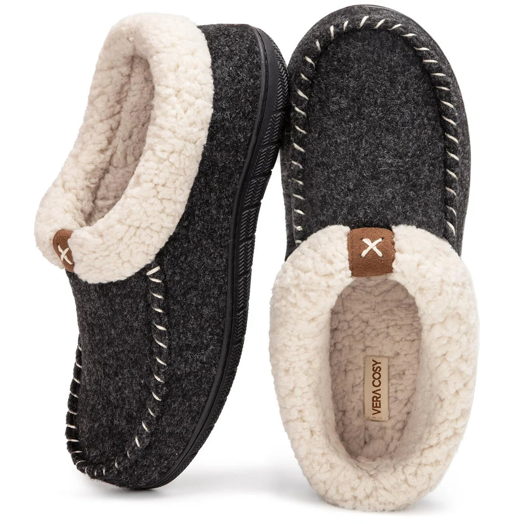 Women's Wool Felt Hi-Top Memory Foam Moccasin Slippers  Fleece Lining Black, size 7