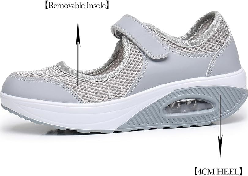 Ladies Casual Walking Shoes Adjustable Strap with Hook and Loop Closure, grey comfortable Sneakers Air Cushion, Grey, size 3.5