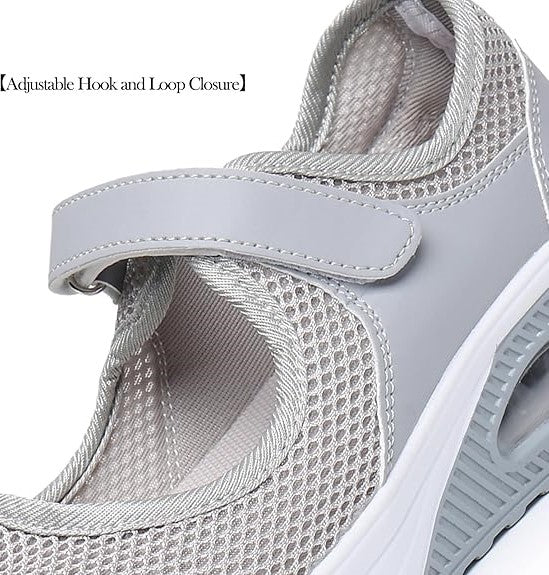 Ladies Casual Walking Shoes Adjustable Strap with Hook and Loop Closure, grey comfortable Sneakers Air Cushion, Grey, size 3.5