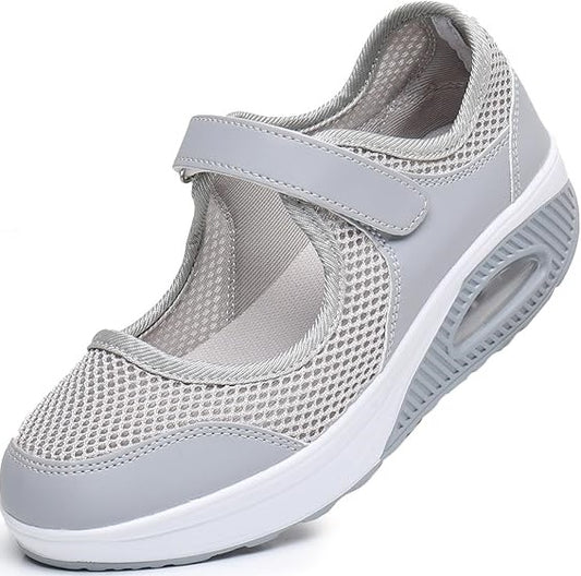 Ladies Casual Walking Shoes Adjustable Strap with Hook and Loop Closure, grey comfortable Sneakers Air Cushion, Grey, size 3.5