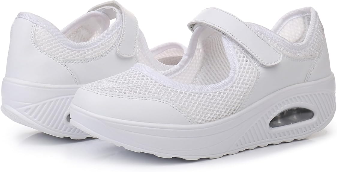 Ladies Casual Walking Shoes Adjustable Strap with Hook and Loop Closure, white comfortable Sneakers Air Cushion, Grey slippers, size 4