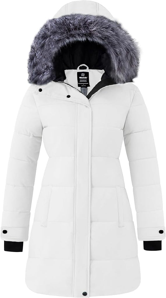 women's white long quilter winter coat, white